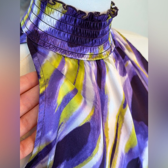Vintage Y2K A. Byer Halter Top Smocked Neck & Waist Purple Lime Abstract Print - Picture 8 of 16